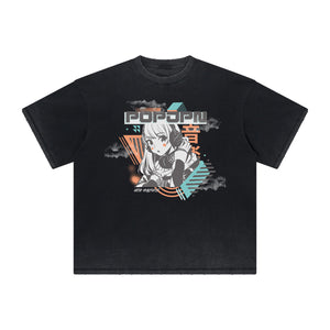 Faded Distressed Anime Pattern Tee-INNBLAC Fashion Apparel