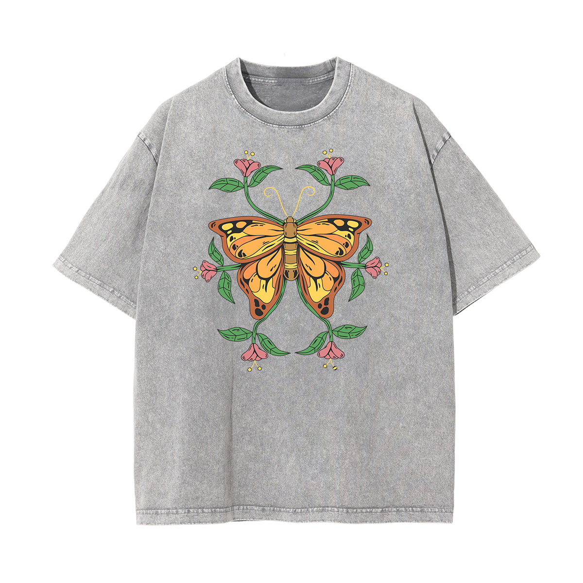 Washed Faded Butterfly Graphic Tee-INNBLAC Fashion Apparel