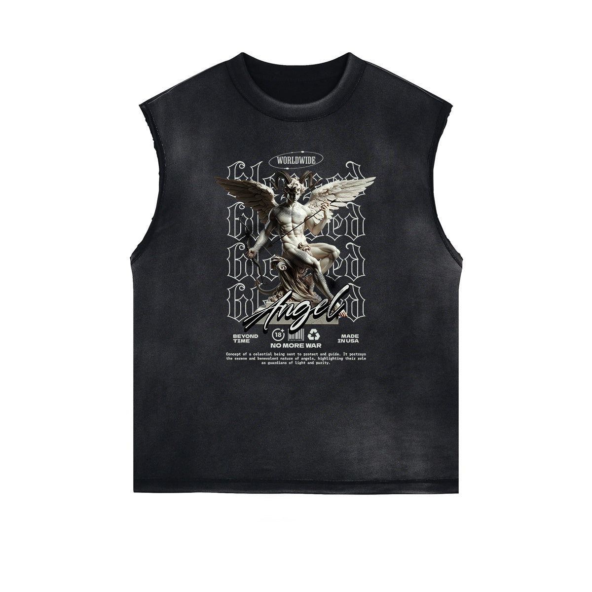 Sleeveless Distressed Angel Streetwear Graphic Tee-INNBLAC Fashion Apparel