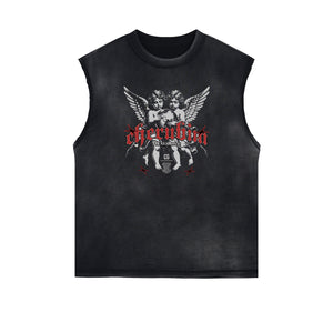 Sleeveless Distressed Angel Streetwear Graphic Tee-INNBLAC Fashion Apparel