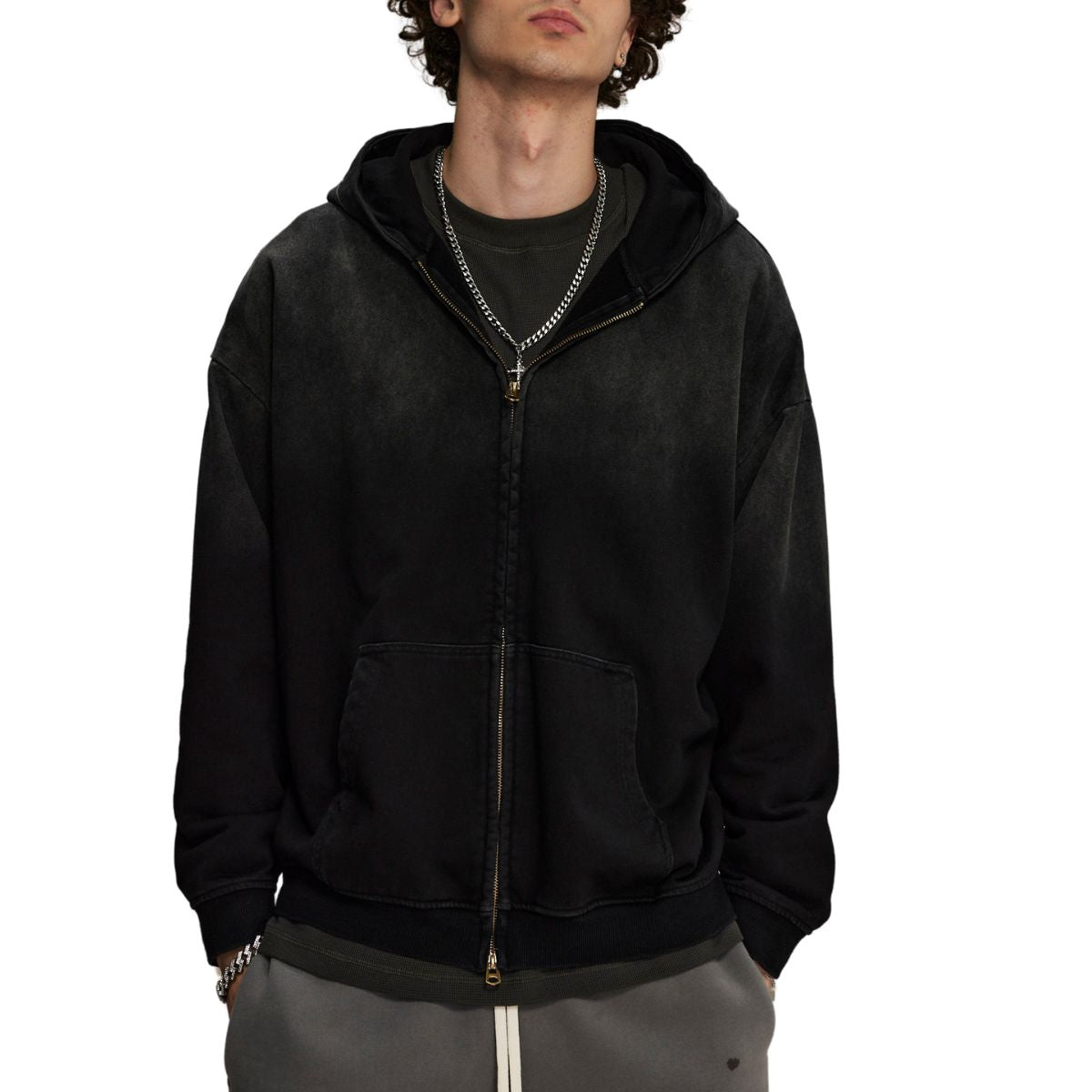 Faded Double Slider Zip Hoodie-INNBLAC Fashion Apparel