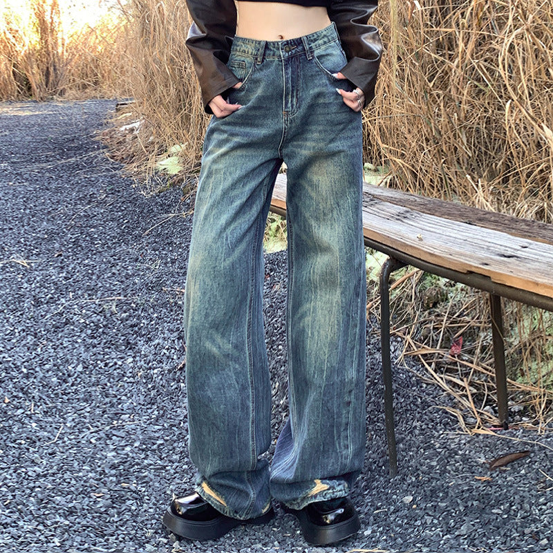 Hem Ripped Whiskers Jeans Women's Faded Blue Denim Jeans