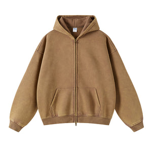 Washed Double Slider Zip Hoodie-INNBLAC Fashion Apparel