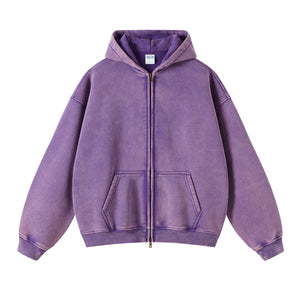 Washed Double Slider Zip Hoodie-INNBLAC Fashion Apparel