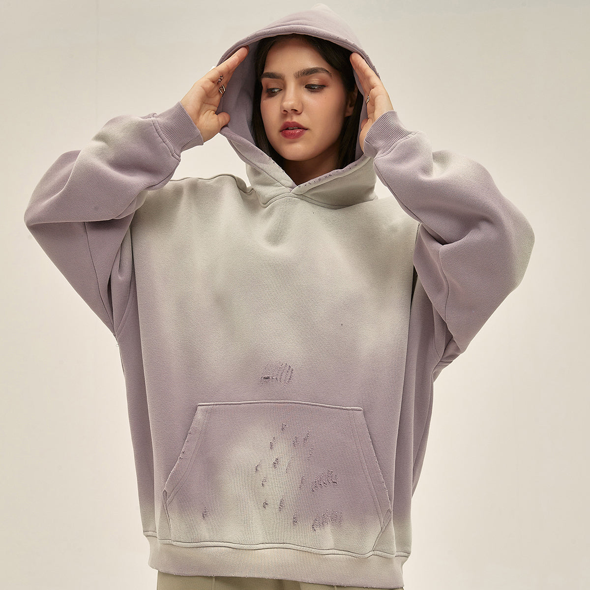 Women's Washed Ripped Kangaroo Pocket Hoodie-INNBLAC Fashion Apparel