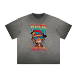 Stone Wash Gray Faded Cartoon Graphic Tee-INNBLAC Fashion Apparel