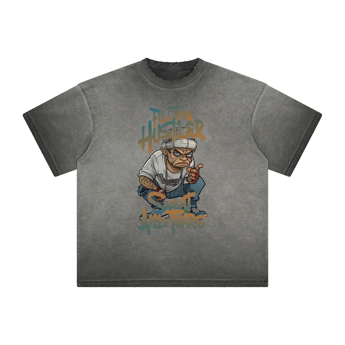 Stone Wash Gray Faded Cartoon Graphic Tee-INNBLAC Fashion Apparel