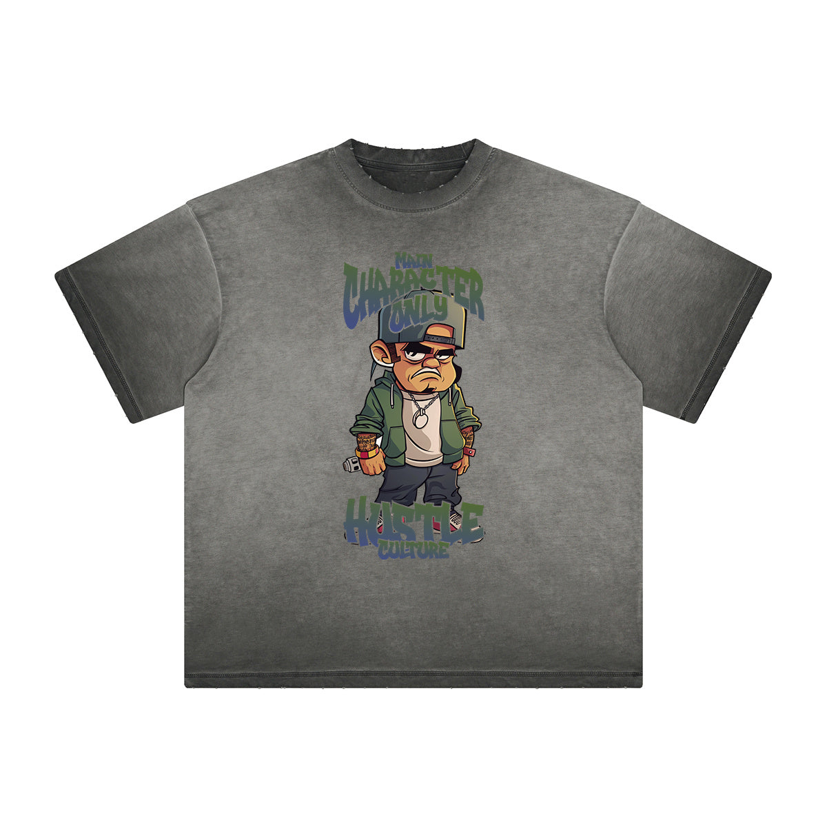 Stone Wash Gray Faded Cartoon Graphic Tee-INNBLAC Fashion Apparel