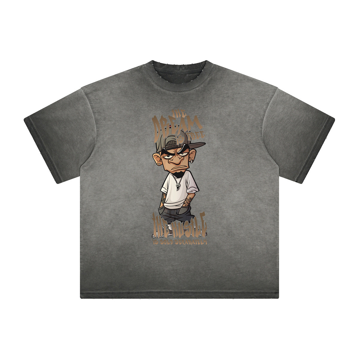 Stone Wash Gray Faded Cartoon Graphic Tee-INNBLAC Fashion Apparel