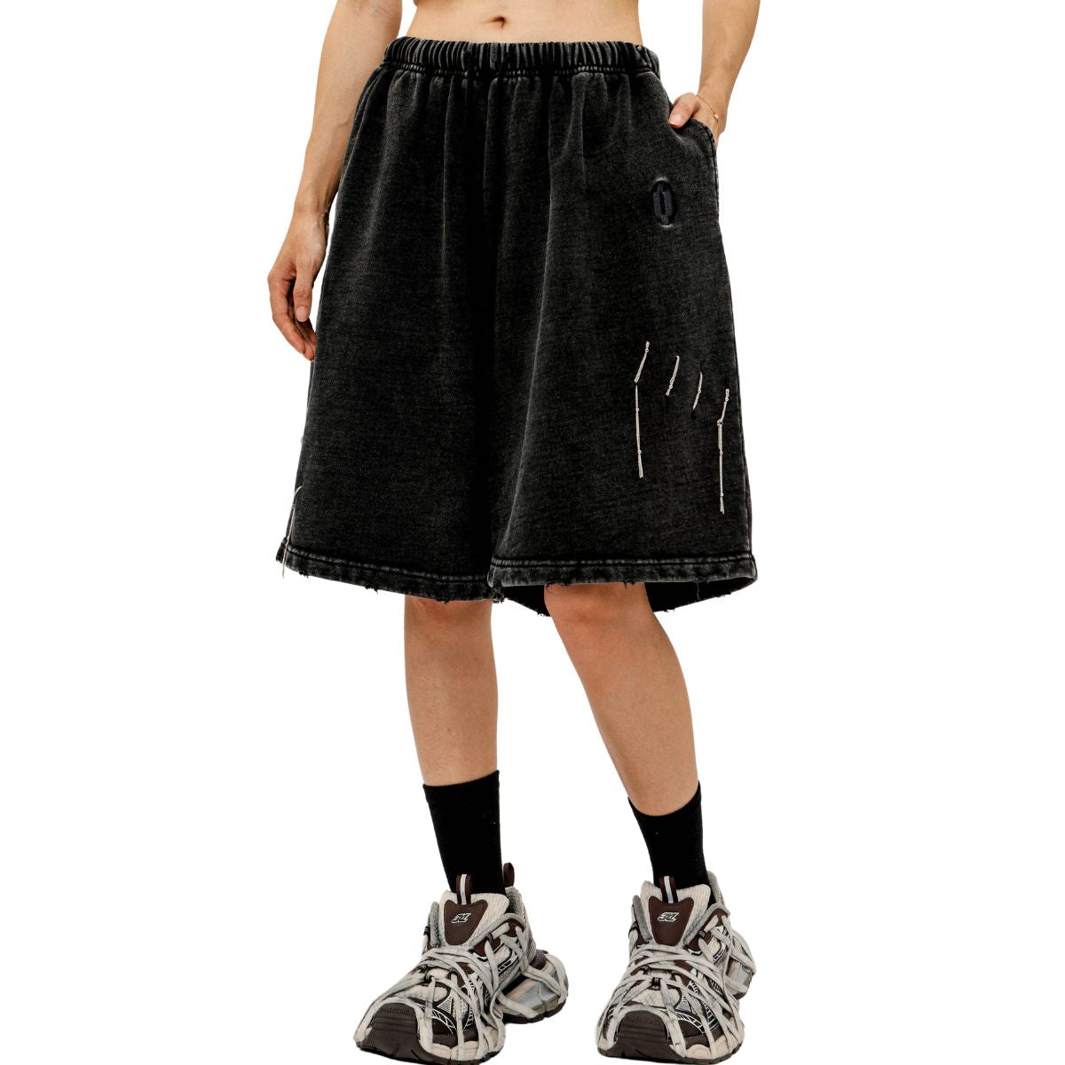 Black Washed Distressed Chain Shorts-INNBLAC Fashion Apparel